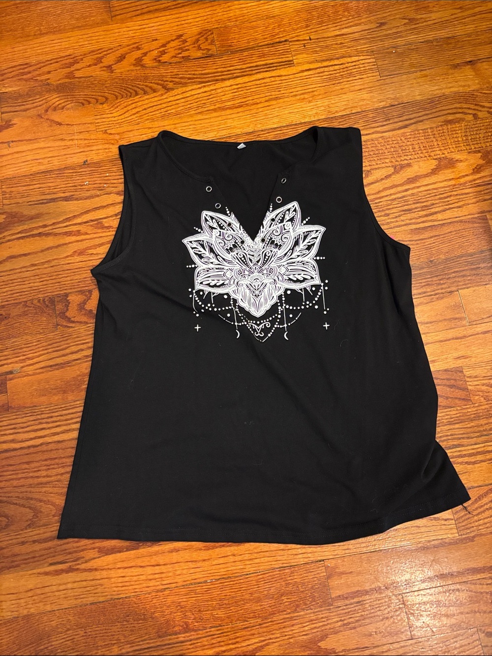 Black Sleeveless Women's Top with White Floral Mandala Print